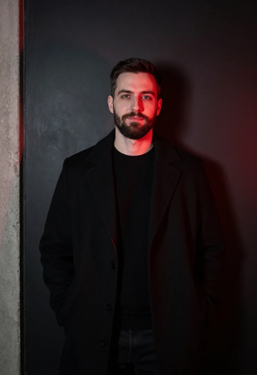 AI neukolln bar red light sample — portrait of a man, framed from the waist up, the camera at c