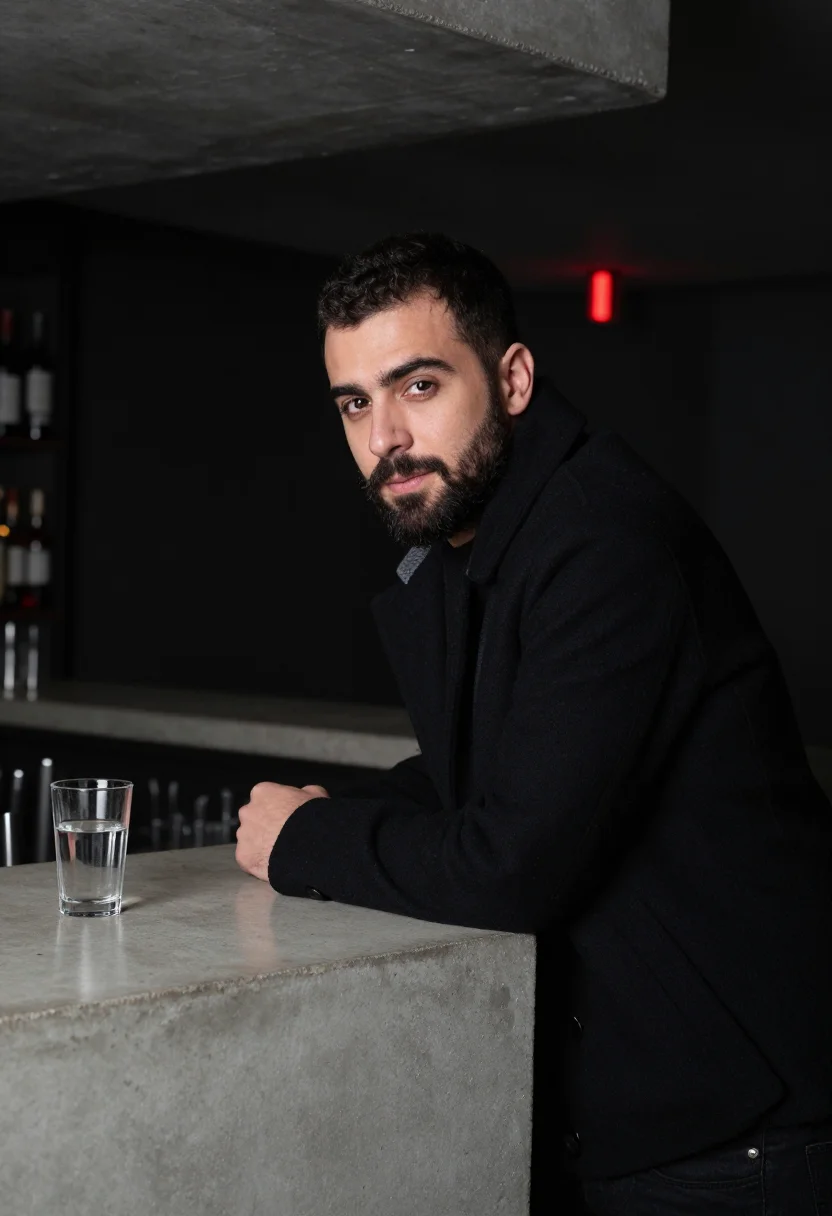AI neukolln bar red light sample — portrait of a man, framed chest-up, the crop at the breastbo