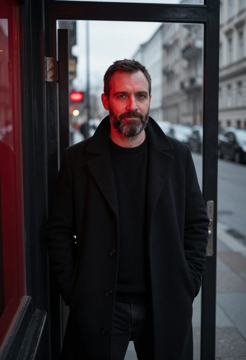 AI neukolln bar red light sample — portrait of a man, framed tight, head and shoulders, the bod