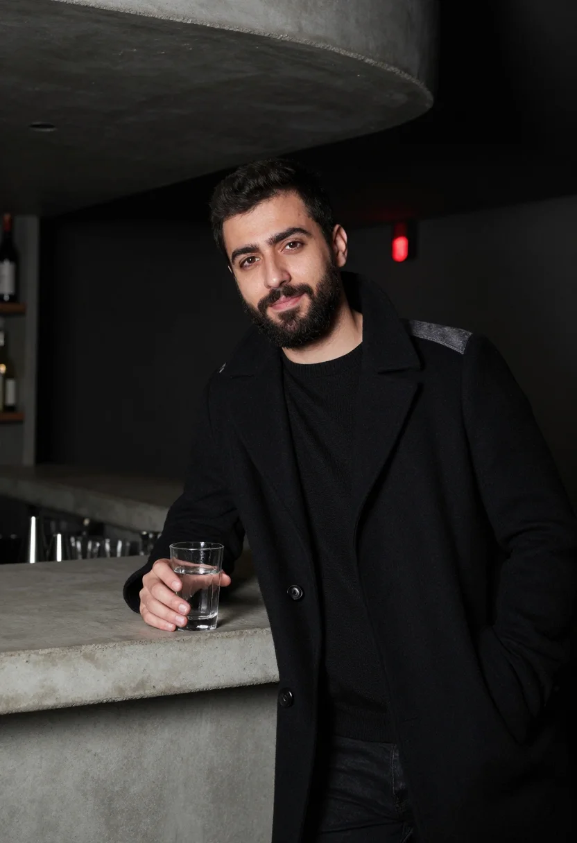 AI neukolln bar red light sample — portrait of a man, framed from the waist up, the camera at c