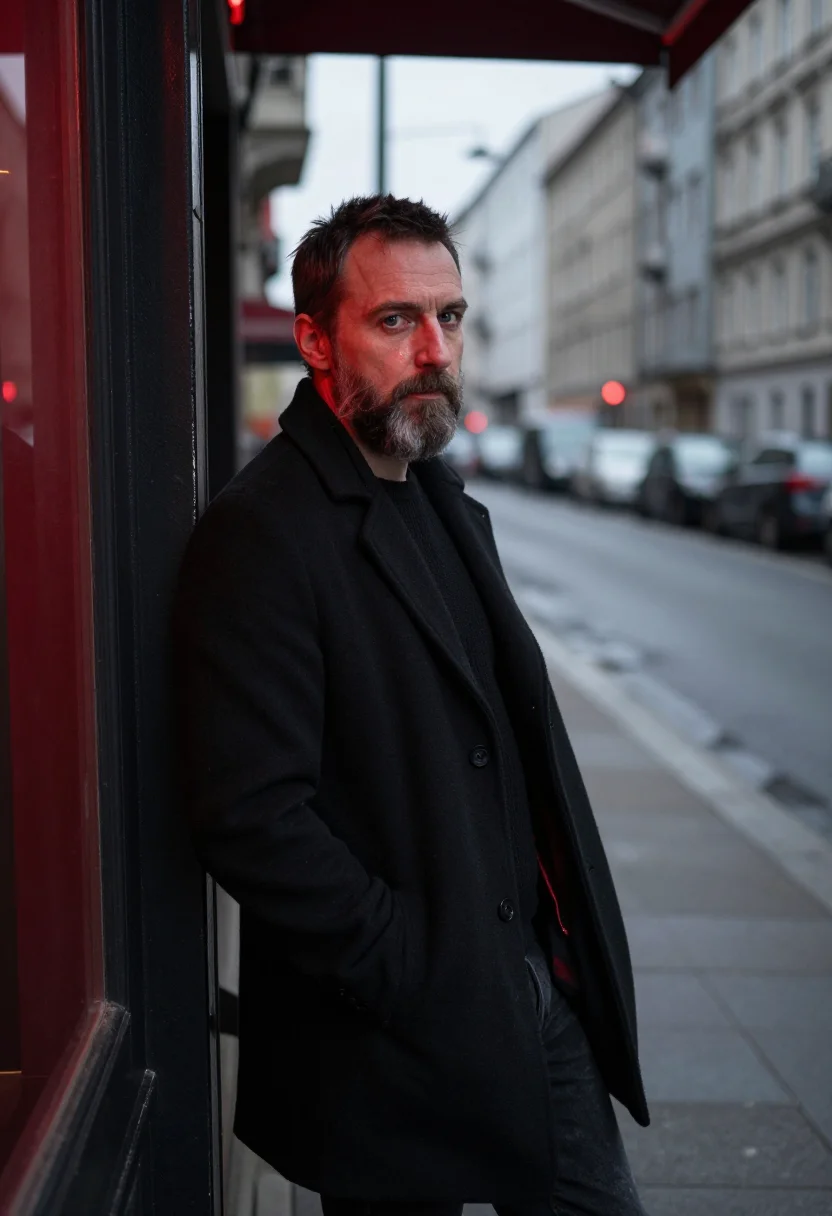 AI neukolln bar red light sample — portrait of a man, framed chest-up, the crop at the breastbo