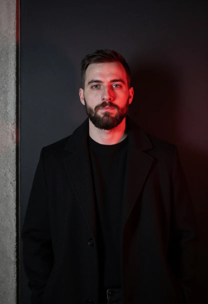 AI neukolln bar red light sample — portrait of a man, framed tight, head and shoulders, the bod