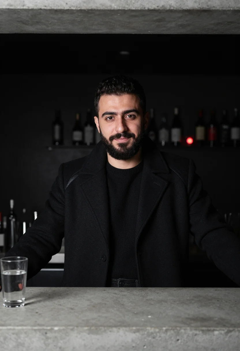 AI neukolln bar red light sample — portrait of a man, framed tight, head and shoulders, the bod