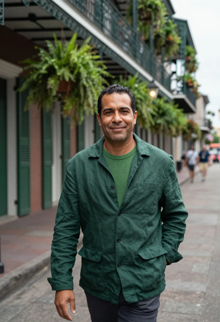 AI new orleans november ironwork green sample — portrait of a man, framed half-length, cropped at the hips,