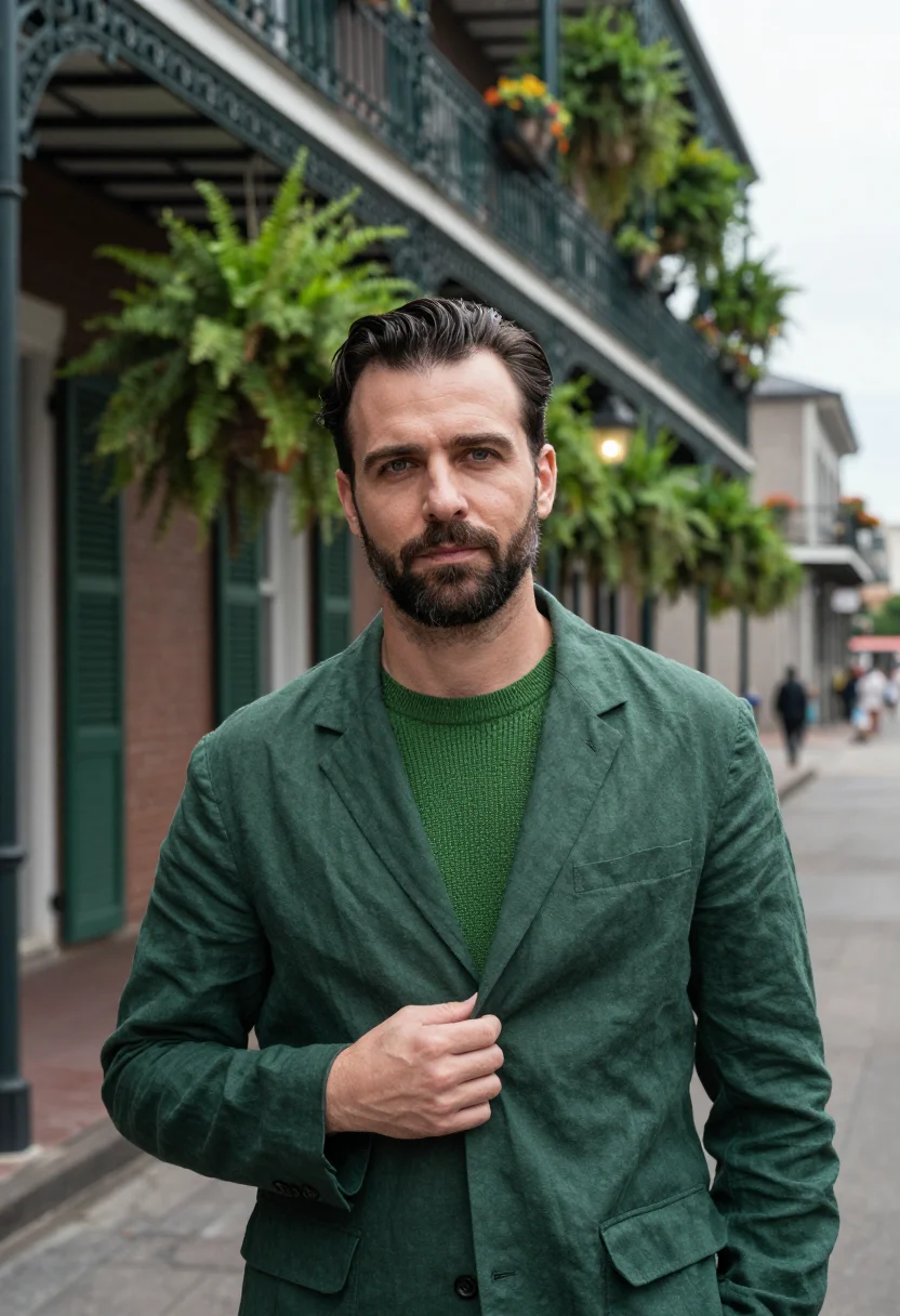 AI new orleans november ironwork green sample — portrait of a man, framed chest-up, cropped at the ribs, the