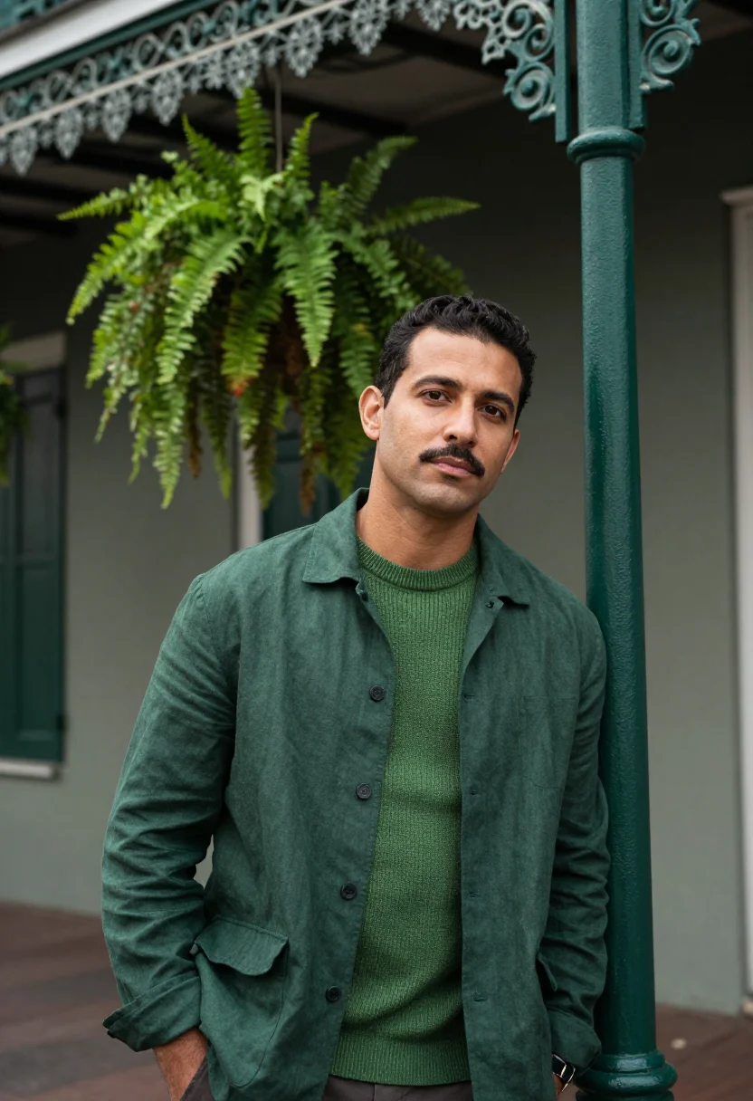 AI new orleans november ironwork green sample — portrait of a man, framed waist-up, the camera at chest heig