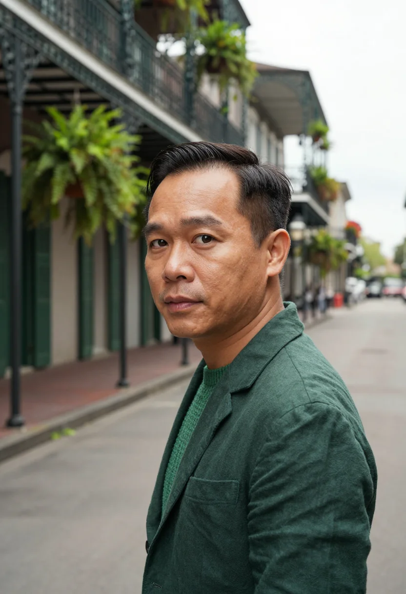 AI new orleans november ironwork green sample — portrait of a man, framed tight, head and shoulders, the bod