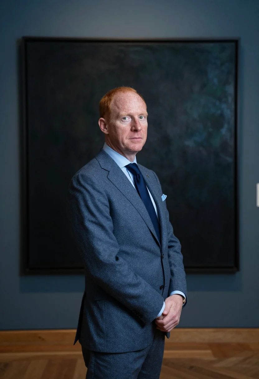 AI new york auctioneer slate blue sample — portrait of a man, in his fifties, with pale freckled skin,