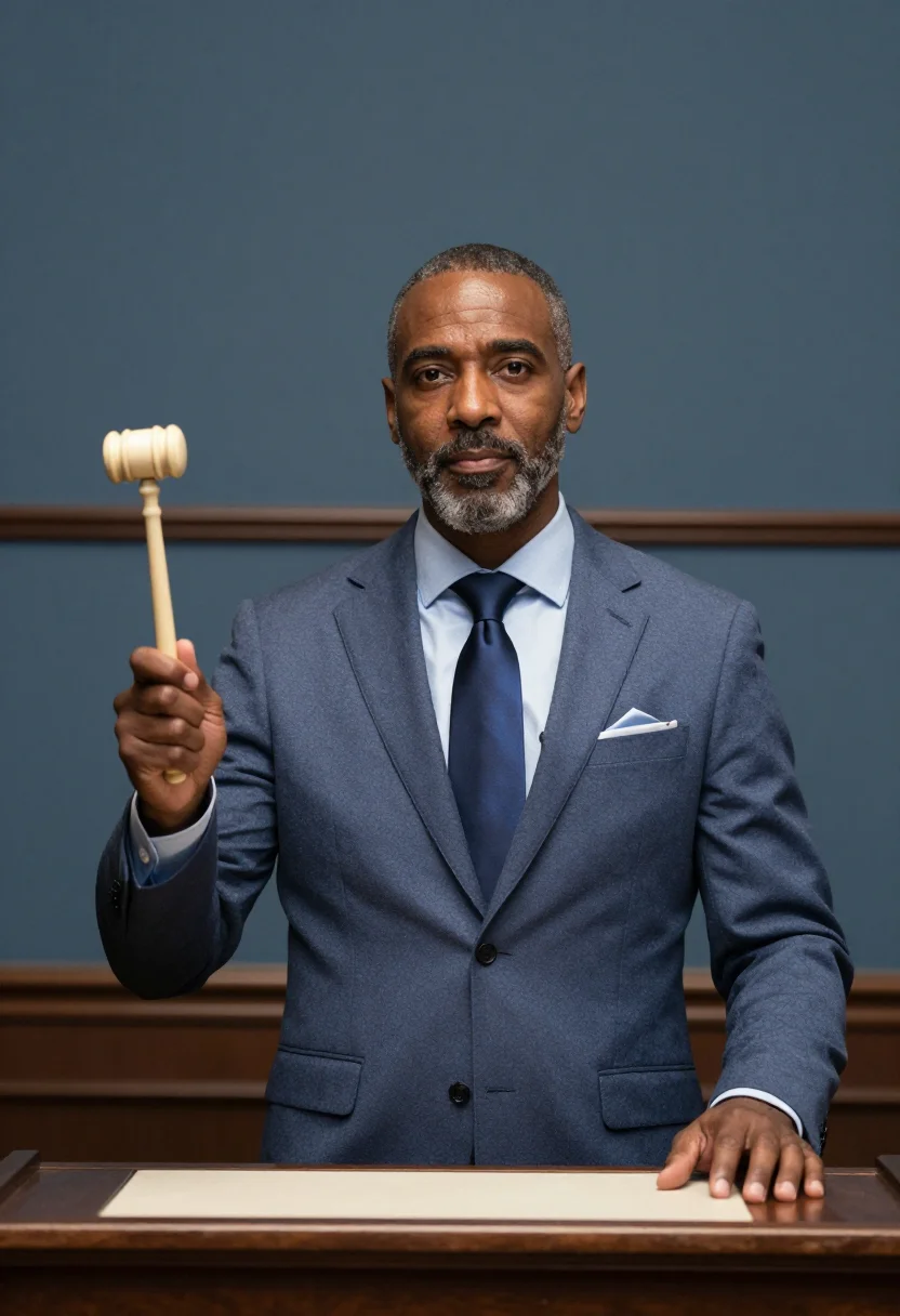 AI new york auctioneer slate blue sample — portrait of a man, in his early fifties, with deep brown ski