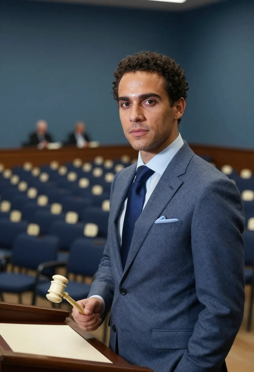 AI new york auctioneer slate blue sample — portrait of a man, in his early thirties, with golden-olive