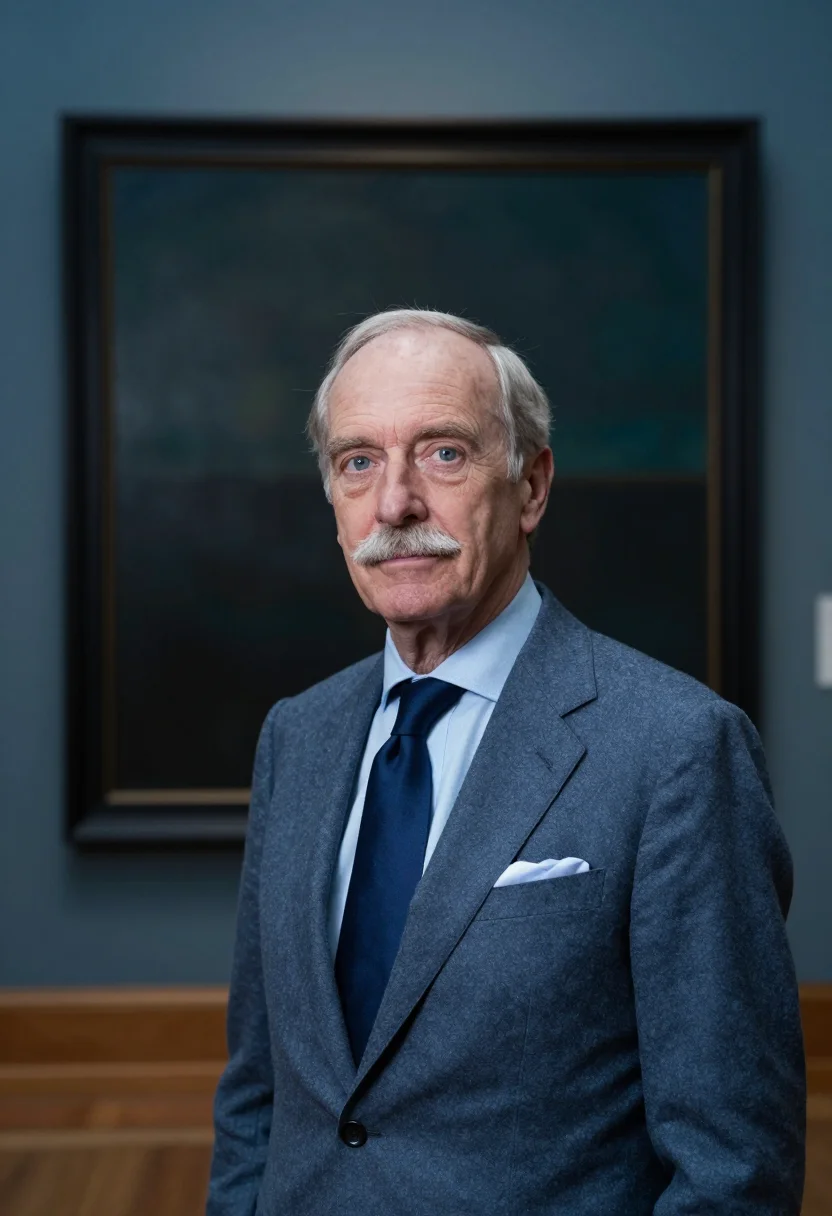 AI new york auctioneer slate blue sample — portrait of a man, in his sixties, with ruddy fair skin, pal