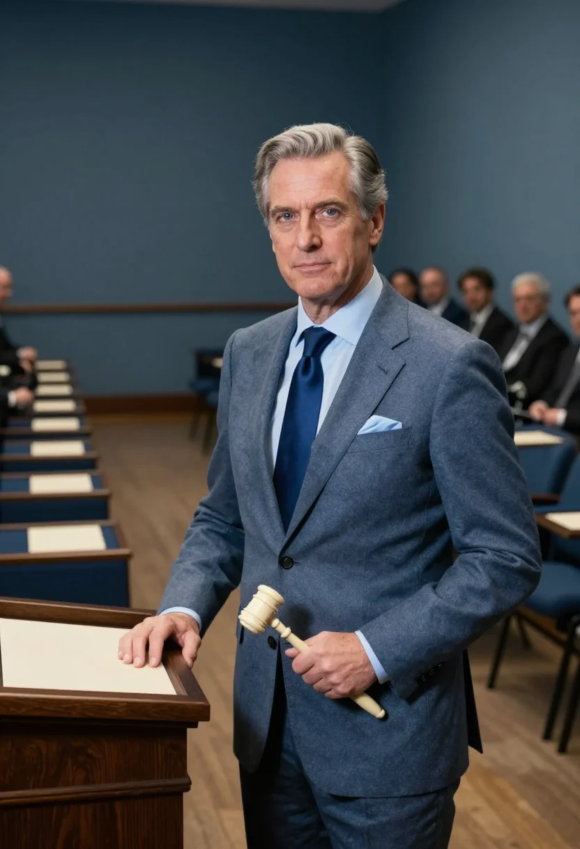 AI new york auctioneer slate blue sample — portrait of a man, in his mid-fifties, with fair skin, blue