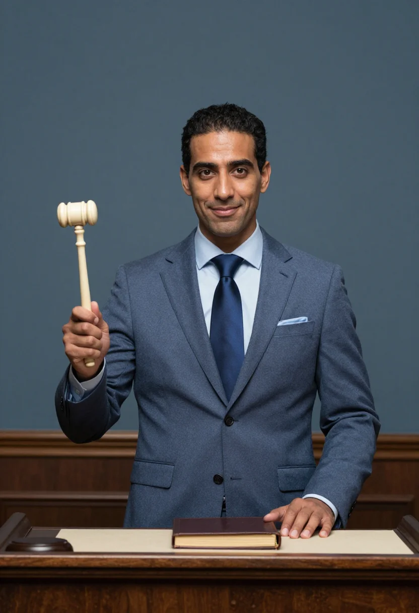 AI new york auctioneer slate blue sample — portrait of a man, in his late thirties, with olive skin, br