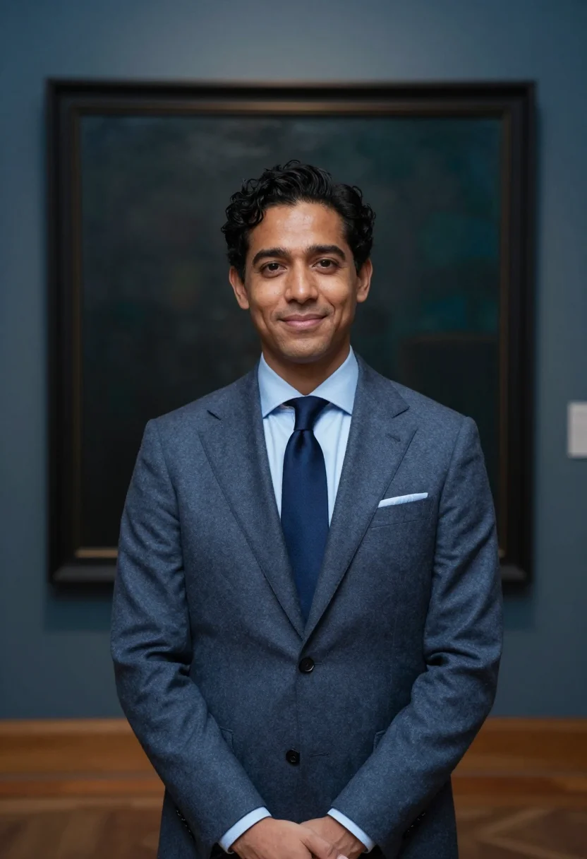 AI new york auctioneer slate blue sample — portrait of a man, in his early forties, with warm tan skin,