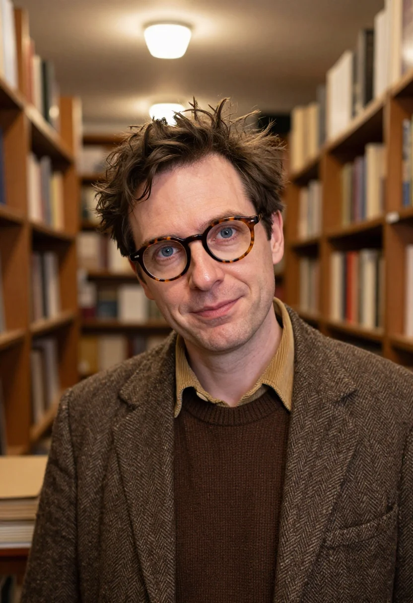 AI new yorker festival writer tweed sample — portrait of a man, tight head-and-shoulders portrait of an E