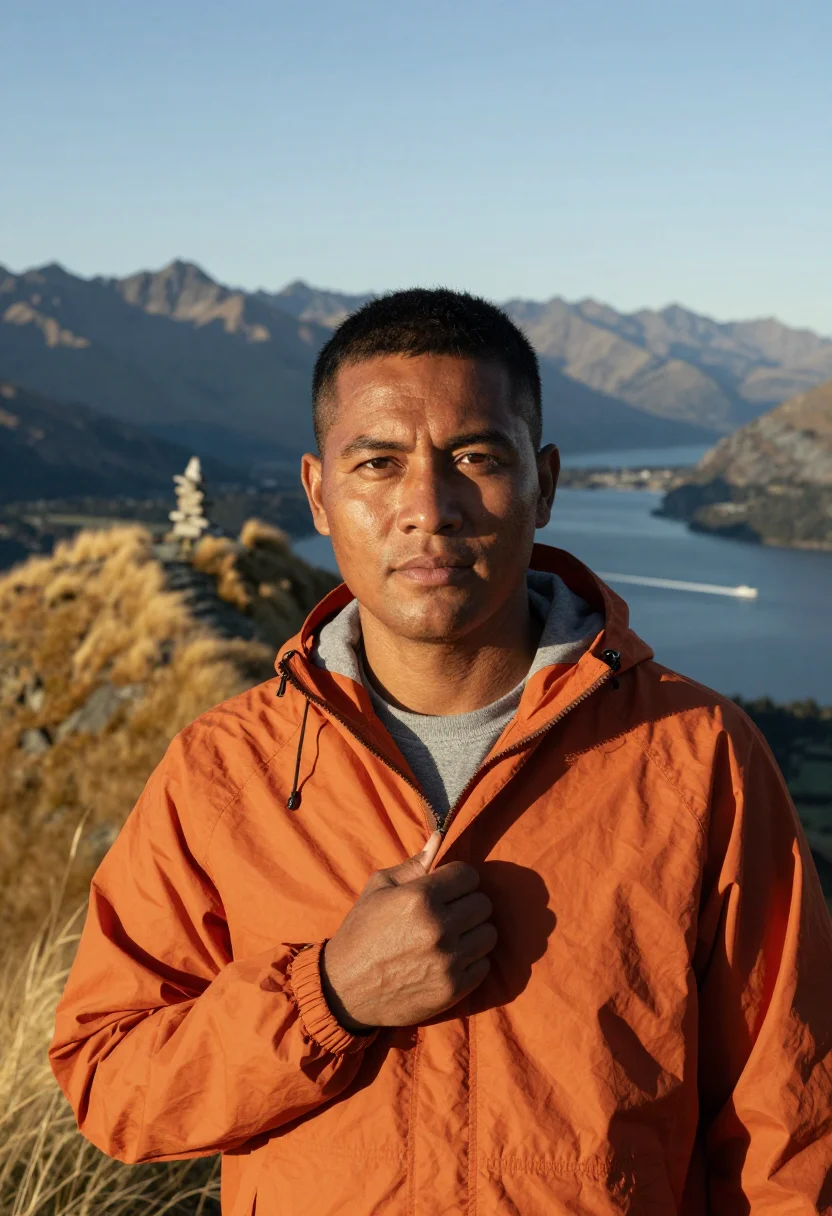 AI new zealand sample — head-and-shoulders portrait of a Maori man with warm brown s