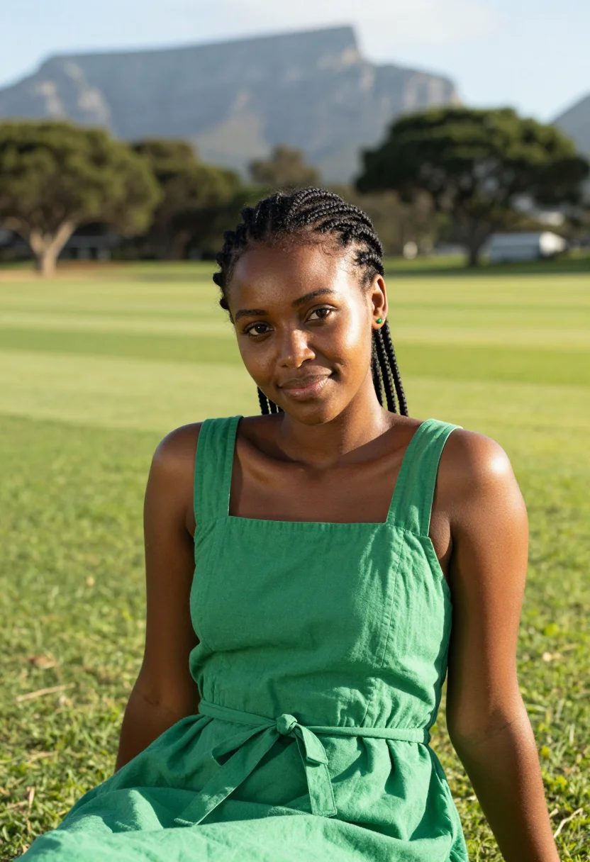 AI newlands cape town table mountain green sample — portrait of a woman, a spectator in her late twenties of Xho