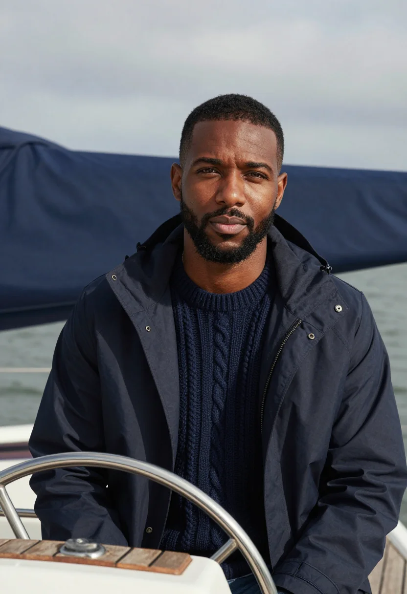 AI newport skipper navy sample — portrait of a man, Black American, in his late thirties, wit
