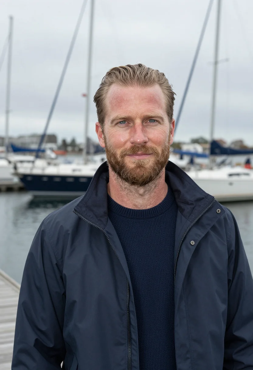 AI newport skipper navy sample — portrait of a man, of Western-European descent, in his early