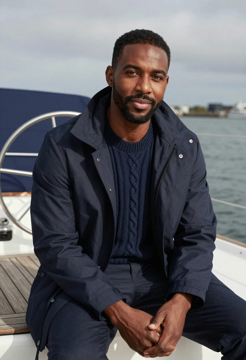 AI newport skipper navy sample — portrait of a man, Black American, in his late thirties, wit