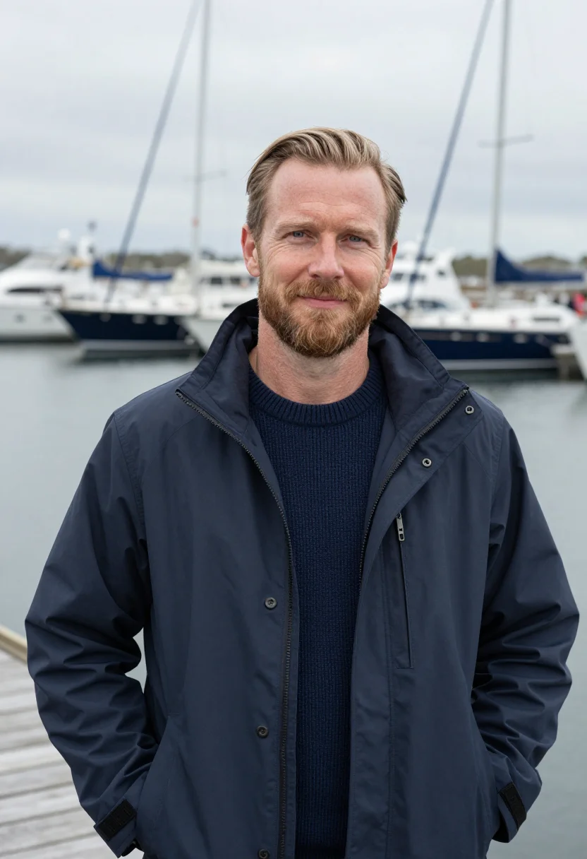 AI newport skipper navy sample — portrait of a man, of Western-European descent, in his early