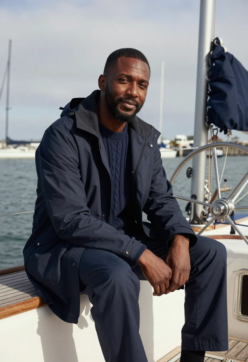 AI newport skipper navy sample — portrait of a man, Black American, in his late thirties, wit