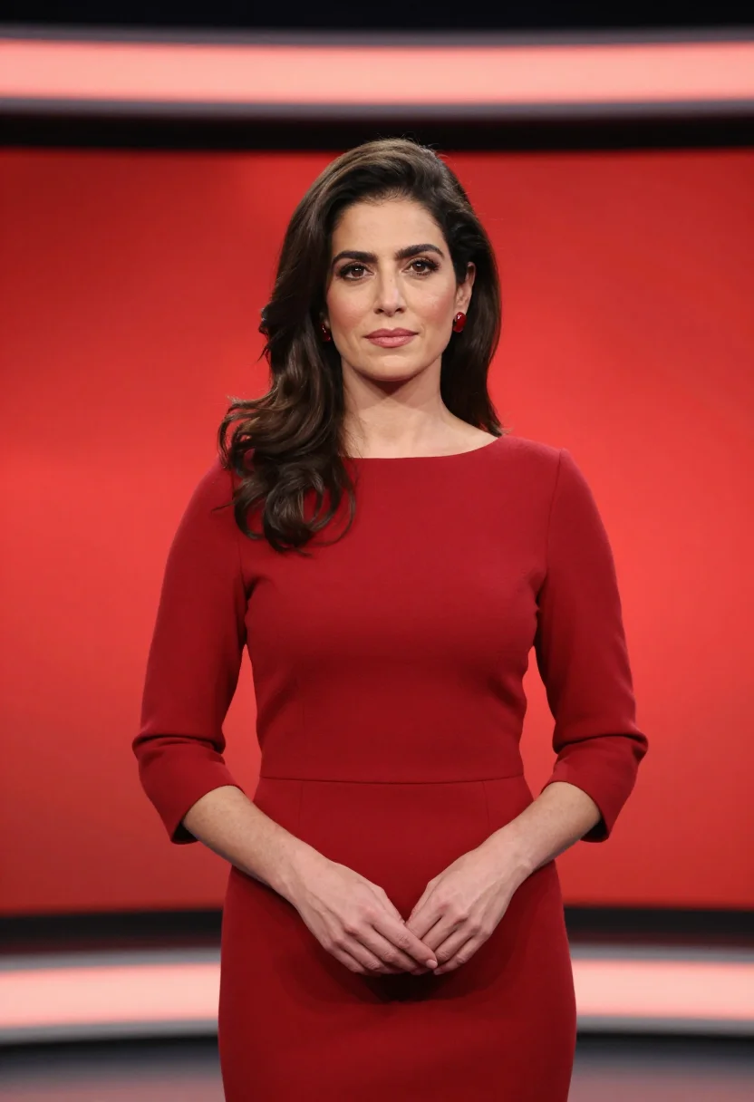 AI news anchor red dress sample — portrait of a woman, framed half-length from the head to the