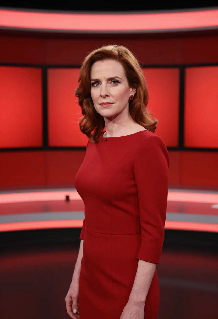 AI news anchor red dress sample — portrait of a woman, framed tight, head and shoulders, the b