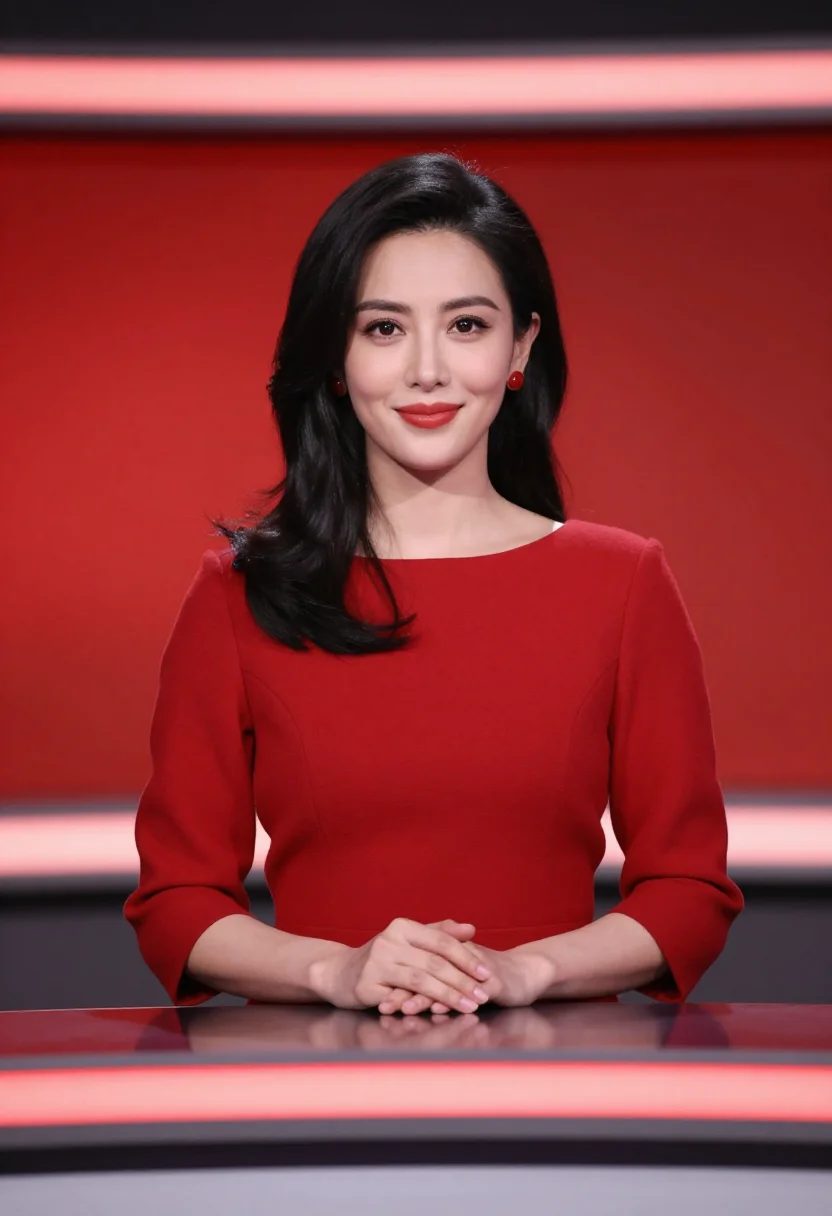 AI news anchor red dress sample — portrait of a woman, framed chest-up, cropped at the ribs, t