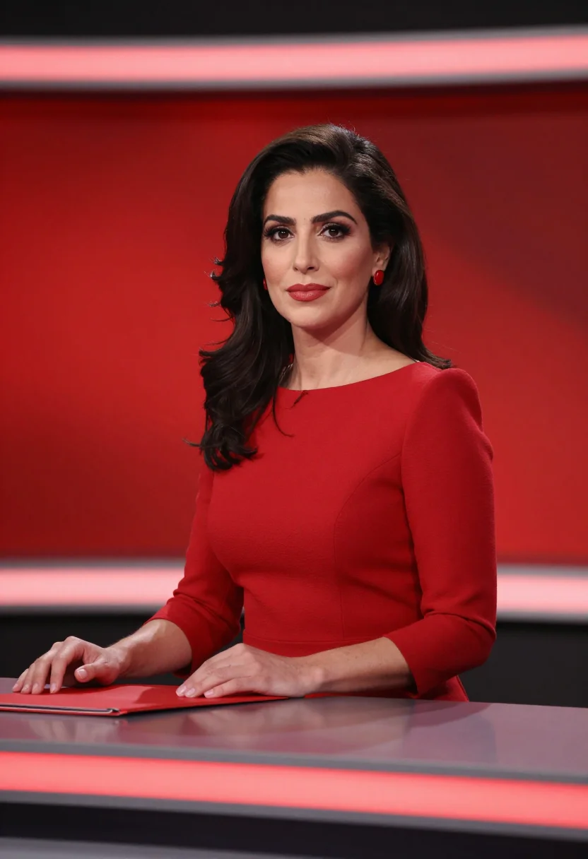 AI news anchor red dress sample — portrait of a woman, framed half-length from the head to the