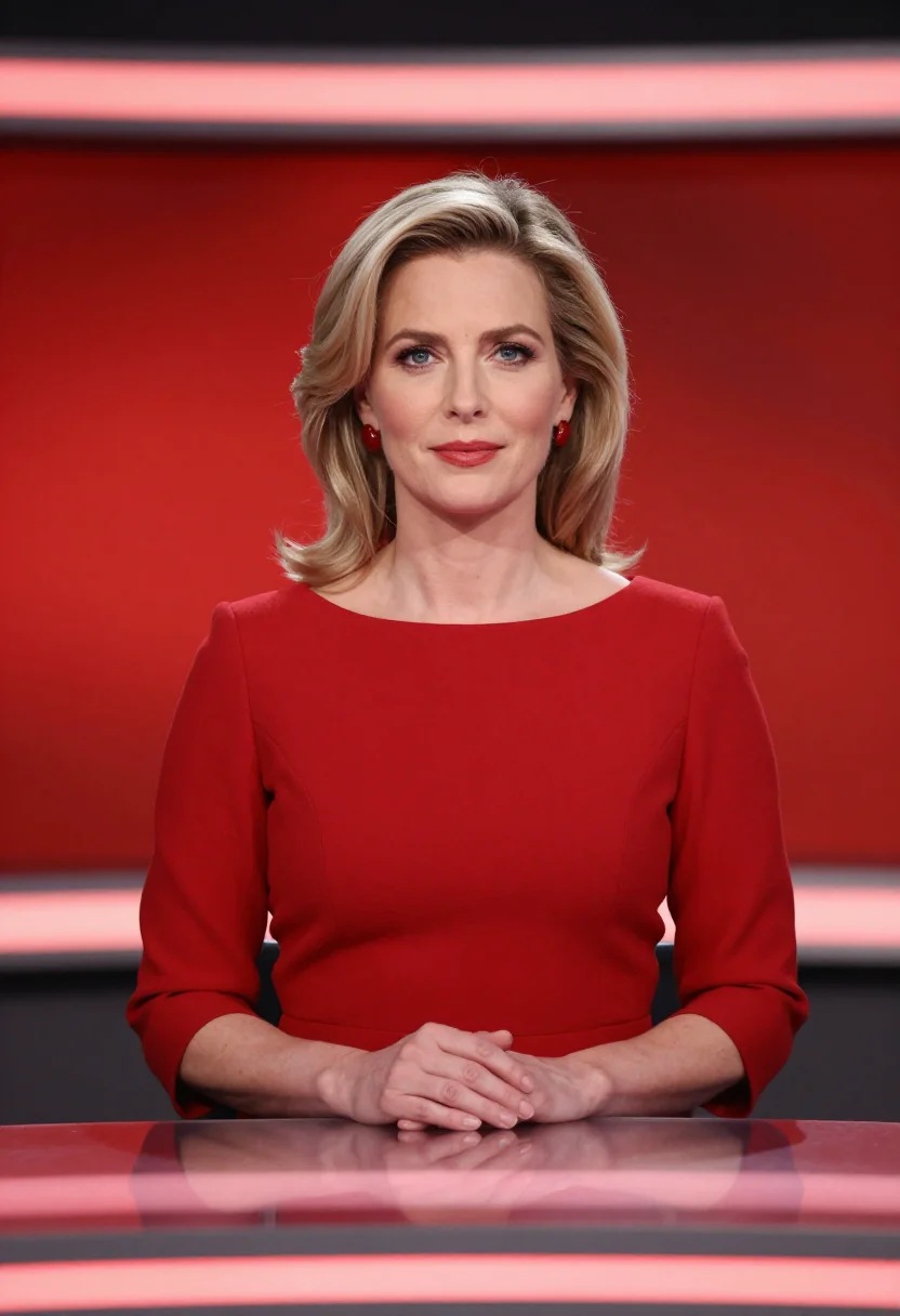 AI news anchor red dress sample — portrait of a woman, framed tight, head and shoulders, the b