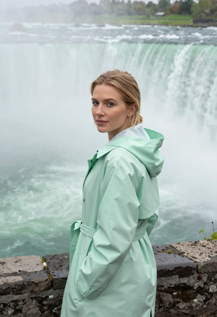 AI niagara may mist green sample — portrait of a woman, a traveller in her mid-twenties, of Dut