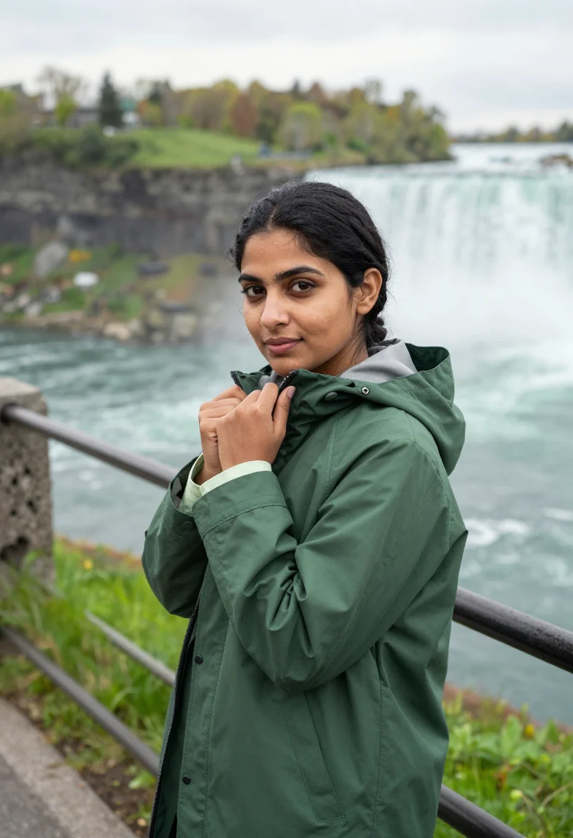 AI niagara may mist green sample — portrait of a woman, a traveller in her late twenties, of Pu