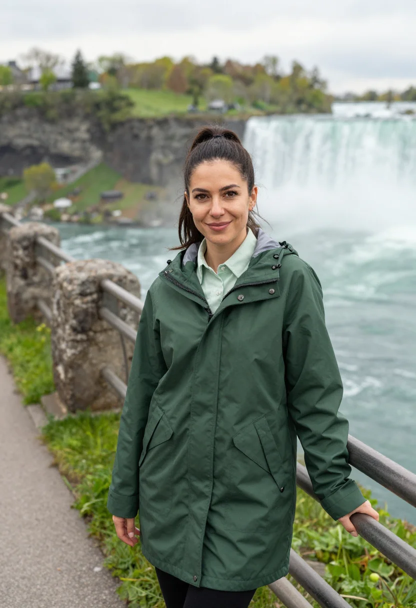AI niagara may mist green sample — portrait of a woman, a traveller in her early thirties, of I
