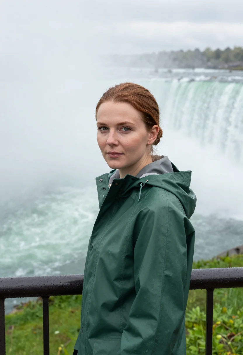 AI niagara may mist green sample — portrait of a woman, a traveller in her late twenties, of Ir