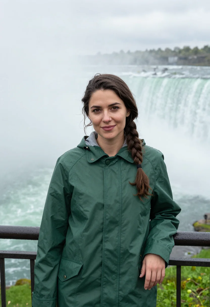 AI niagara may mist green sample — portrait of a woman, a traveller in her early thirties, of F