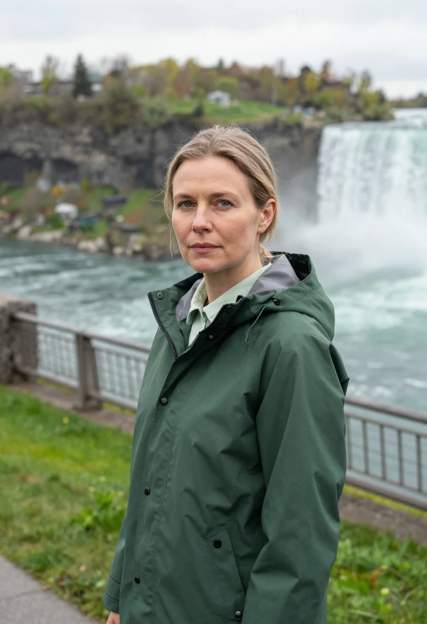 AI niagara may mist green sample — portrait of a woman, a traveller in her early forties, of En