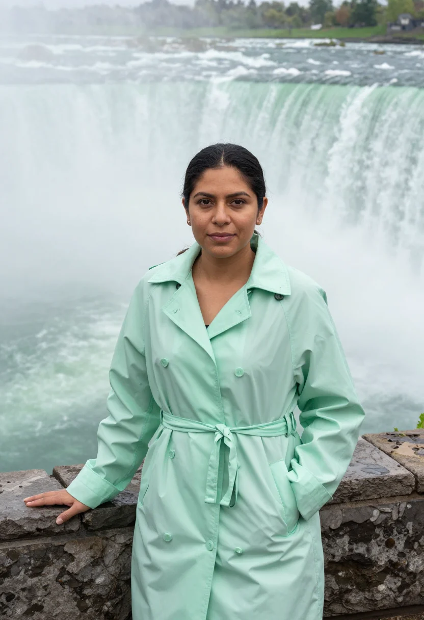 AI niagara may mist green sample — portrait of a woman, a traveller in her early thirties, of M