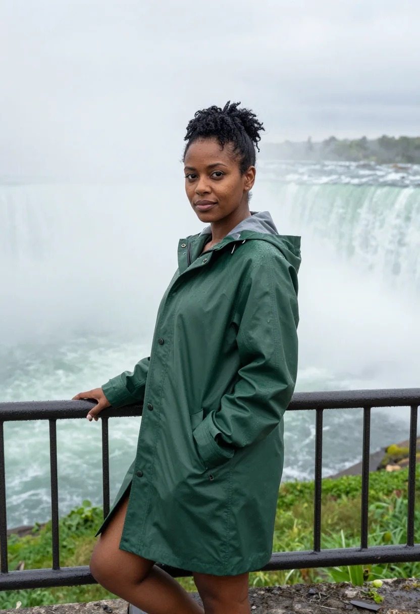 AI niagara may mist green sample — portrait of a woman, a traveller in her mid-thirties, of Jam