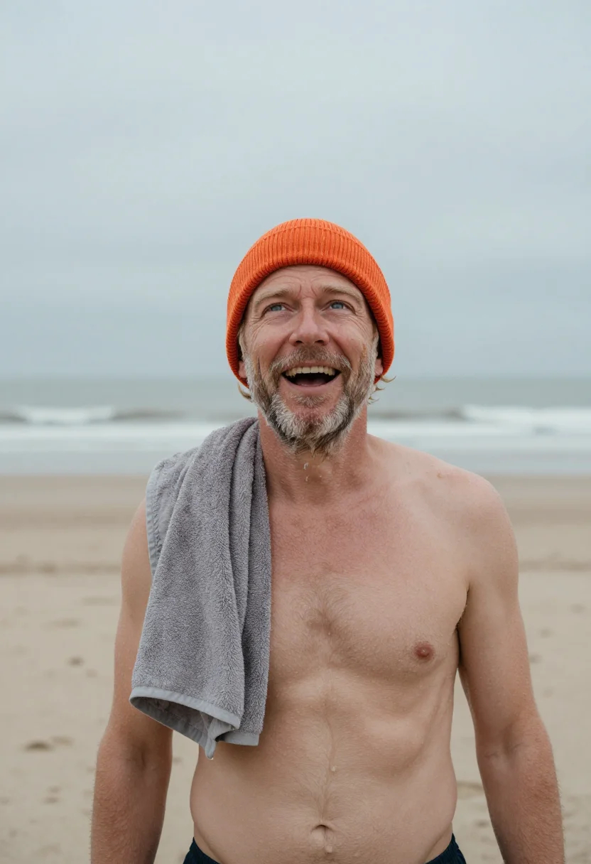 AI nieuwjaarsduik scheveningen orange sample — portrait of a man, framed tight, head and shoulders, the bod