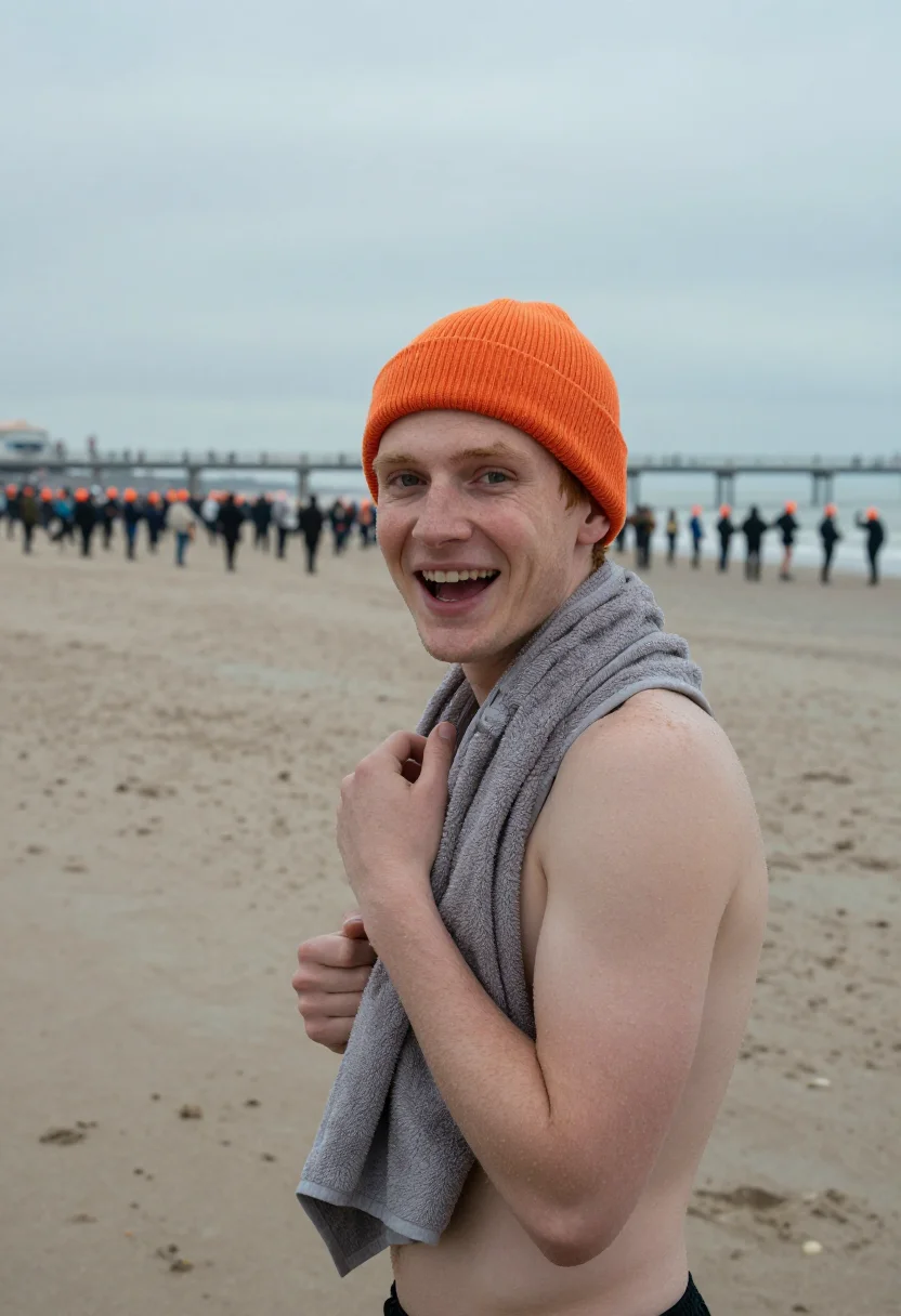 AI nieuwjaarsduik scheveningen orange sample — portrait of a man, framed half-length from the crown to the