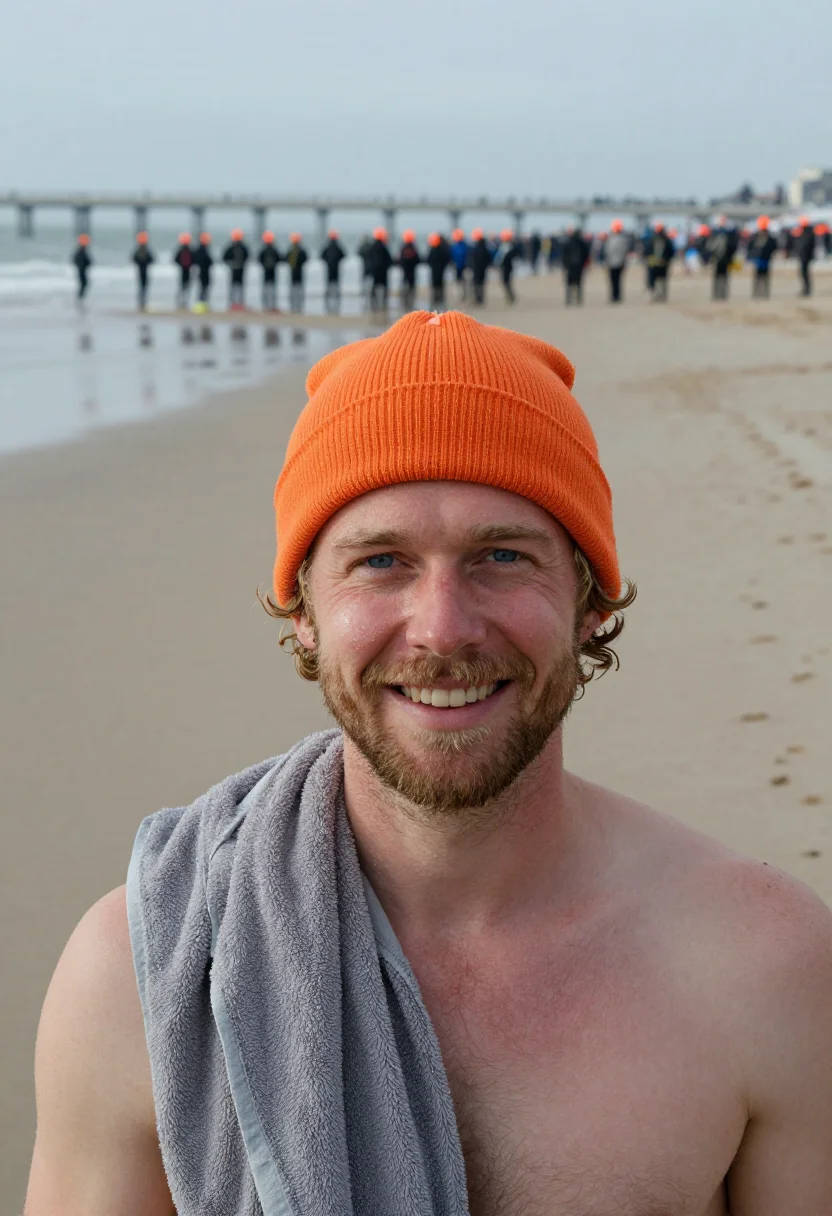 AI nieuwjaarsduik scheveningen orange sample — portrait of a man, framed tight, head and shoulders, the bod