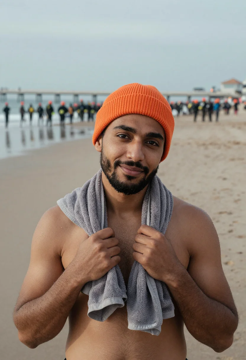 AI nieuwjaarsduik scheveningen orange sample — portrait of a man, framed chest-up with the crop at the ribs