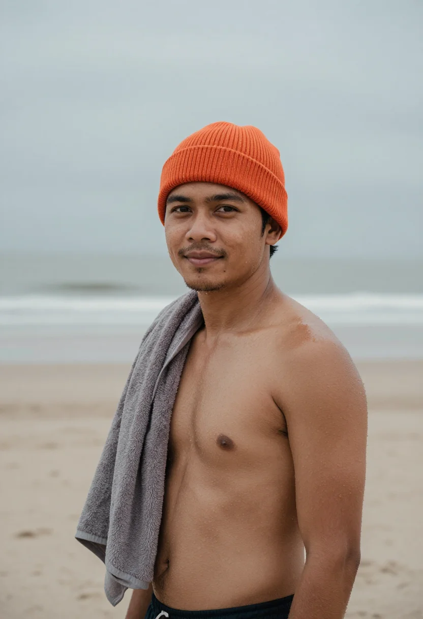 AI nieuwjaarsduik scheveningen orange sample — portrait of a man, framed chest-up with the crop at the ribs