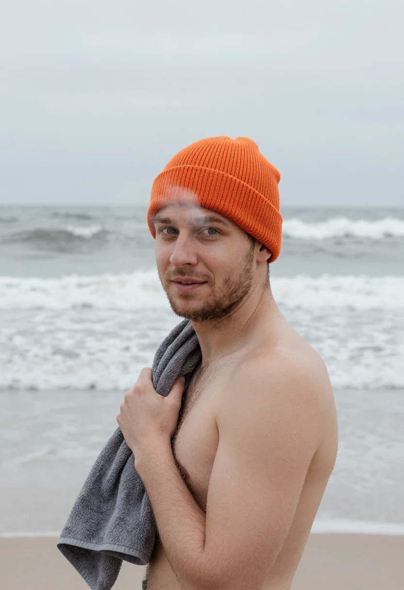 AI nieuwjaarsduik scheveningen orange sample — portrait of a man, framed chest-up with the crop at the ribs