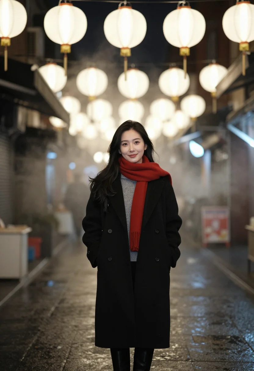AI night market lantern red sample — portrait of a woman, framed chest-up from the ribs with the