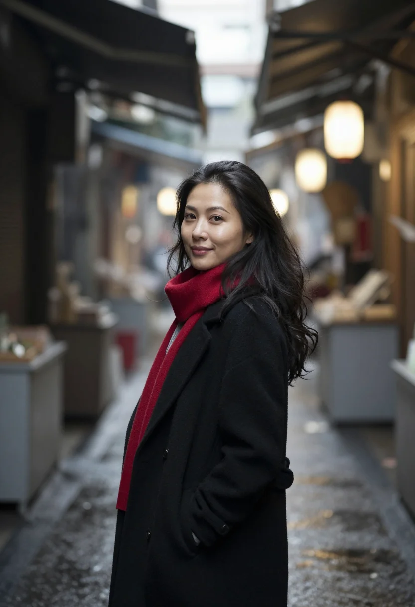 AI night market lantern red sample — portrait of a woman, framed chest-up from the ribs with the