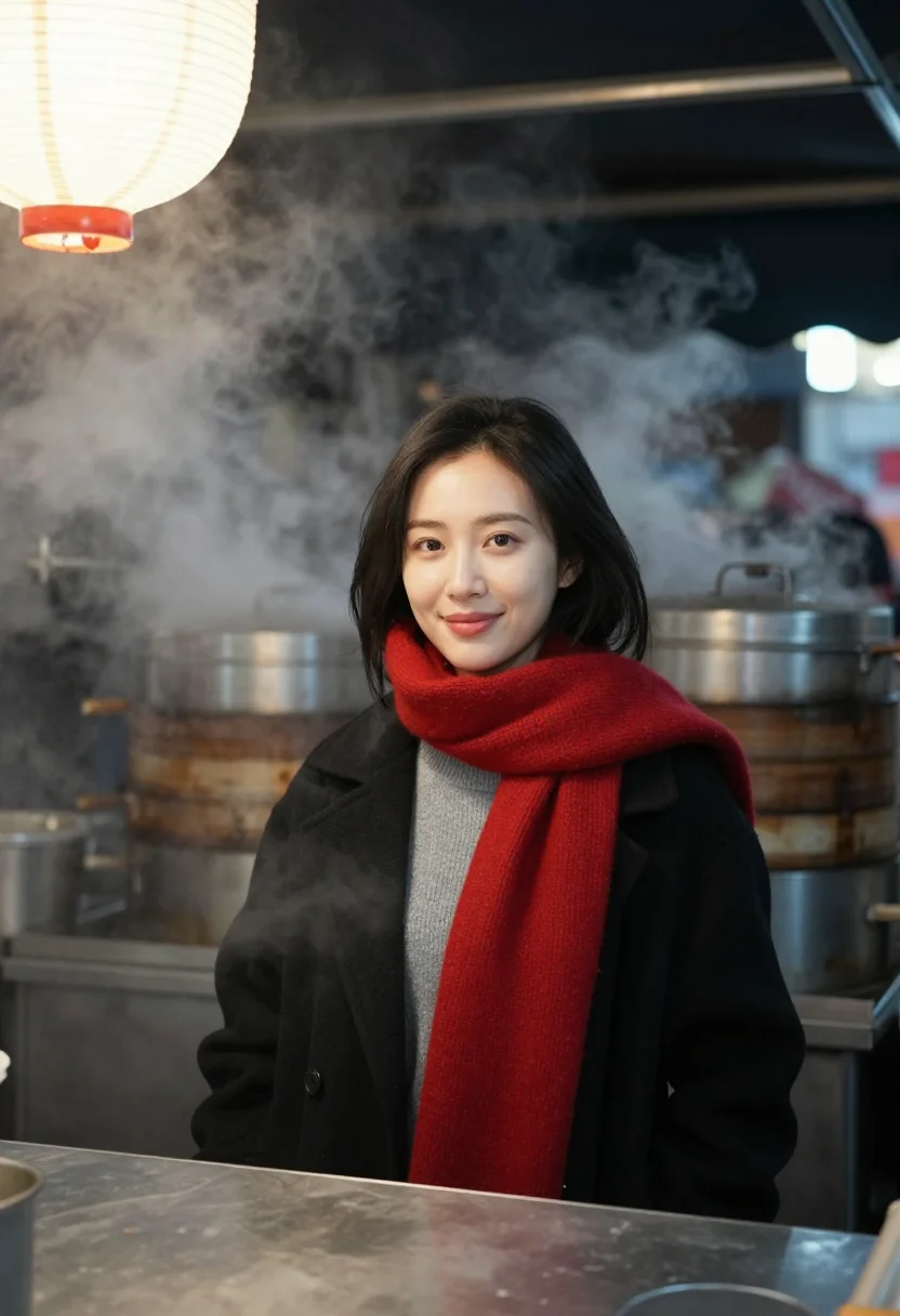 AI night market lantern red sample — portrait of a woman, framed tight, head and shoulders, the b