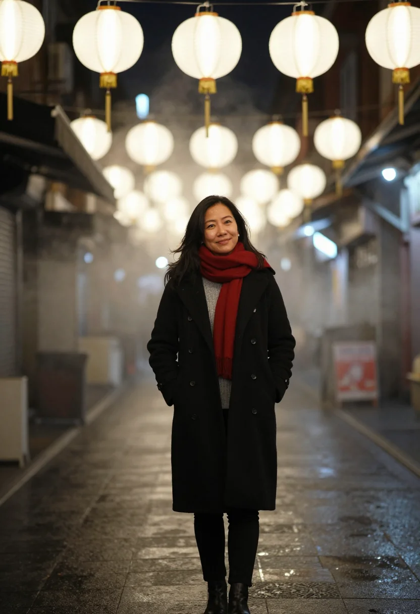AI night market lantern red sample — portrait of a woman, framed half-length from the waist up, a