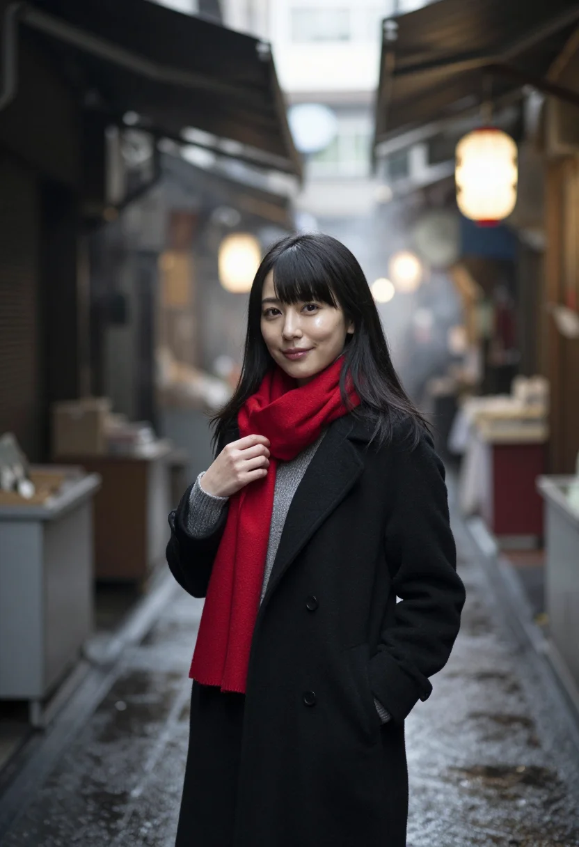 AI night market lantern red sample — portrait of a woman, framed half-length from the waist up, a